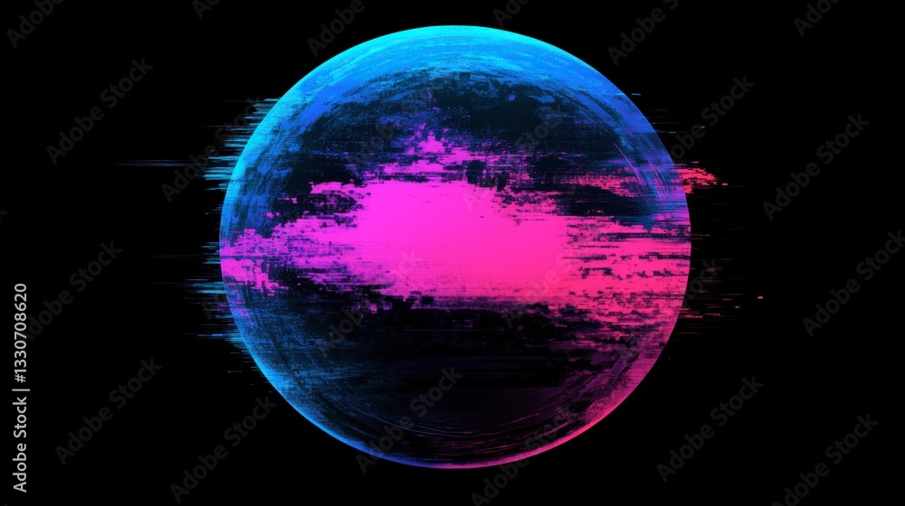 Poster futuristic neon planet with dynamic motion effects in abstract style