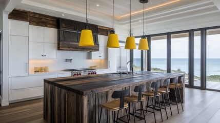 A contemporary farmhouse kitchen with a spacious island made of dark reclaimed wood, contrasting beautifully with white cabinetry and stainless steel appliances