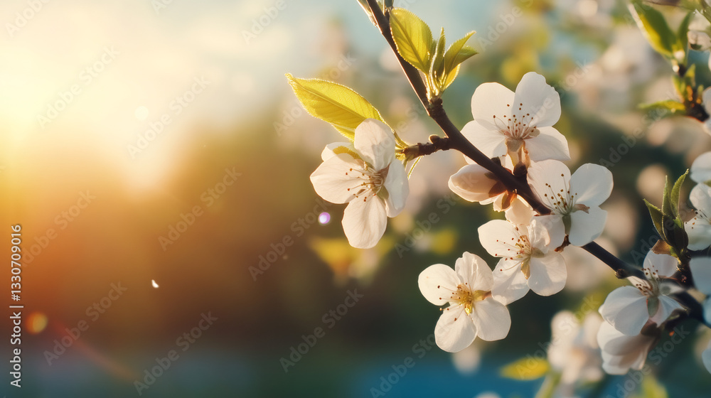 Poster white flowers blooming on a branch of a tree at sunset in spring, creating a beautiful and serene sc
