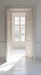 Sunlight streams through open doors into bright, empty room, showcasing elegant white interior design for real estate listing