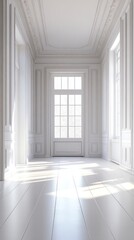 Bright sunlit hallway, white walls, wooden floor, elegant interior, design