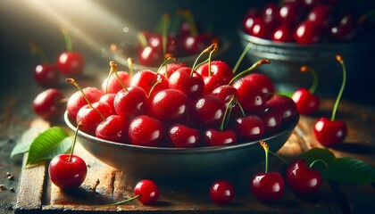 Juicy red cherries with glossy surface, arranged in a rustic bowl with soft natural light.