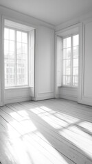 Fototapeta premium Sunlight streams into empty white room, hardwood floor, city view, real estate