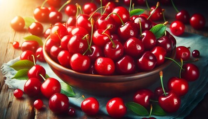 Glossy red cherries in a rustic bowl, beautifully arranged against a bright background.