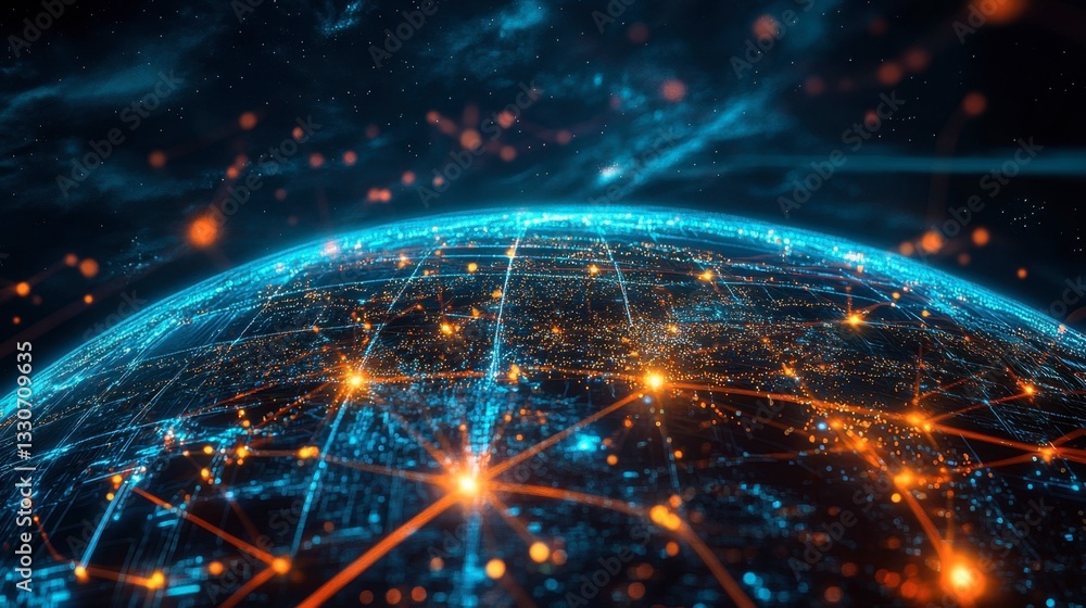 Poster digital global connections with bright nodes and network lines