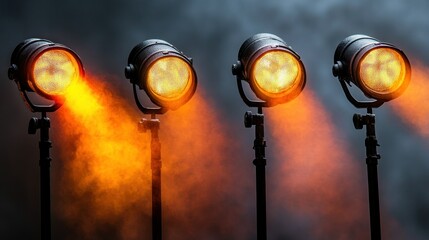 Powerful stage lights casting warm, amber light through smoky haze