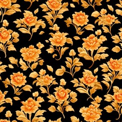Golden Floral Pattern on Black Traditional Textile Design