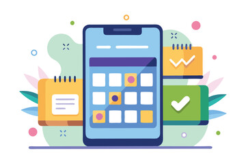 Vector illustration of a smartphone displaying a calendar and shopping list surrounded by colorful icons and leaves