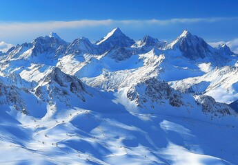 Fototapeta premium Majestic Snow-Covered Mountain Range Under Clear Blue Sky with Sunshine and Dramatic Peaks in Winter Wonderland Setting