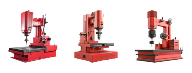 Three Industrial Robotic Machines in Bright Red Color for Manufacturing