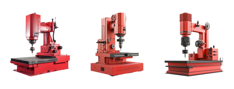 Three Industrial Robotic Machines in Bright Red Color for Manufacturing
