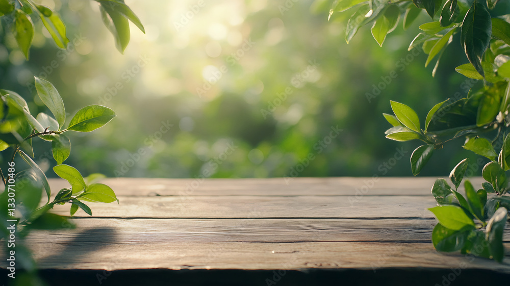 Poster wooden table nestled among greenery, sunlight streaming through leaves, casting soft, dappled shadow
