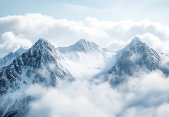 Obraz premium Majestic Snow-Covered Mountains Beneath a Bright Blue Sky Surrounded by Soft, Billowing Clouds in a Serene Winter Landscape