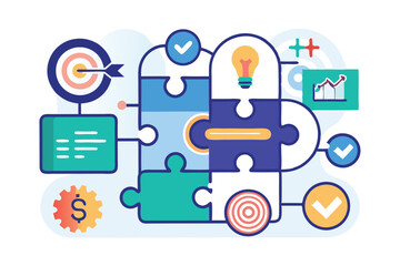 Creative puzzle pieces illustrating various aspects of business strategy, analytics, and innovation on a light blue background