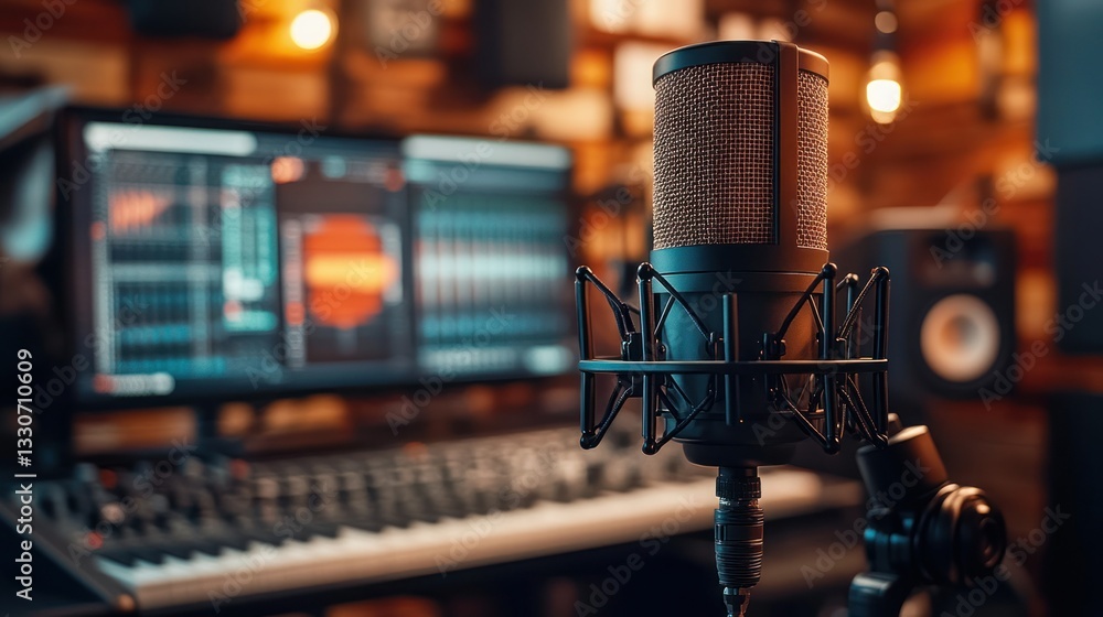 Poster professional audio recording studio setup. a close-up view of a dynamic microphone in a well-equippe