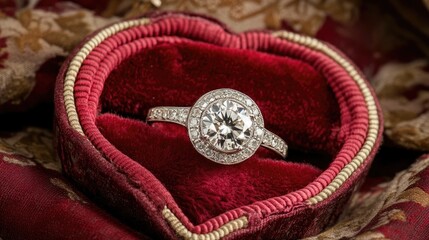 Fototapeta premium A beautiful diamond engagement ring resting inside a plush red heart-shaped box, romantic setting