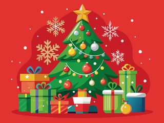 vector of  A decorated Christmas tree with snowflakes and gifts on a red background during the holiday season, creating a festive atmosphere