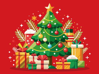 vector of  A decorated Christmas tree with snowflakes and gifts on a red background during the holiday season, creating a festive atmosphere