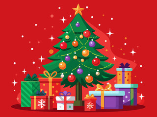 vector of  A decorated Christmas tree with snowflakes and gifts on a red background during the holiday season, creating a festive atmosphere