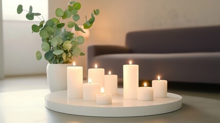 A contemporary living room with a round coffee table featuring white candles, a green eucalyptus plant in a sleek white vase, and a minimalistic sofa behind