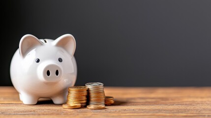Piggy Bank with Coins on Wooden Surface - Savings, Investment, Financial Planning, Money Concept.