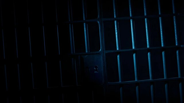 Prison Cell Bars Casting Shadows: Symbolizing Confinement and Loss of Freedom. metal prison cell bars casting shadows on the floor, representing themes of incarceration, confinement
