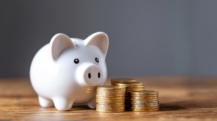 Piggy Bank with Stacks of Gold Coins, Saving and Investment Concept. Financial Planning, Wealth Accumulation.