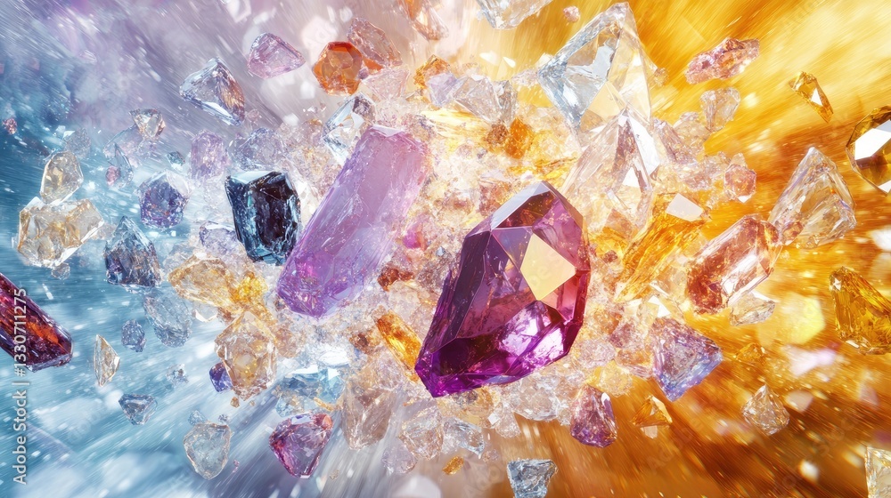 Poster explosive display of colorful crystals shattering in dynamic burst of light and energy