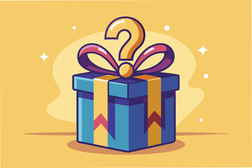 Colorful gift box with a question mark on a blue background suggests surprise and mystery in the celebration of special occasions