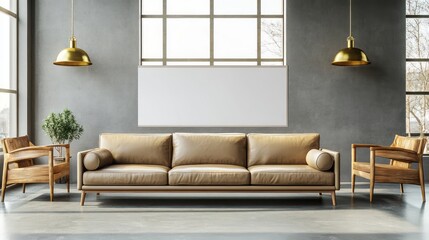 A contemporary living space with warm gray walls and large windows filling the room with natural light