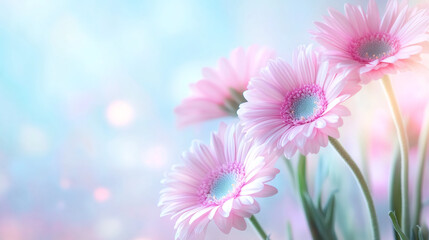 Fototapeta premium Pink gerbera blossoming against soft pastel palette, revealing gentle floral elegance with delicate, dreamy visual harmony