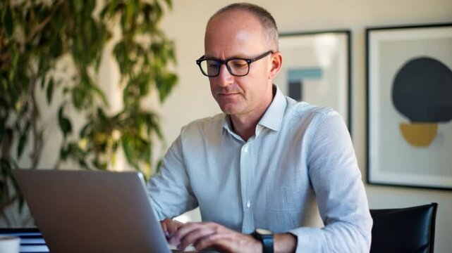 A professional man wearing glasses typing on a laptop in a bright office. The scene is well-lit with indoor plants and modern art, representing productivity and focus in a contemporary workspace.

