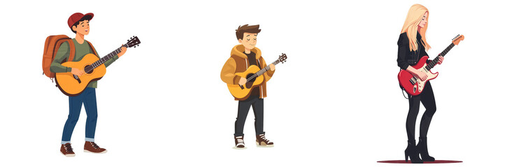 Naklejka premium Musicians Playing Guitars isolated on white or transparent