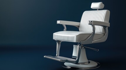 A clean white leather barber chair against a solid dark blue background