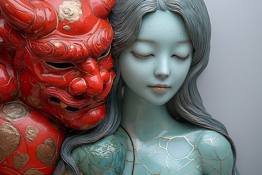 Girl rests near red mask. Gray background studio shot