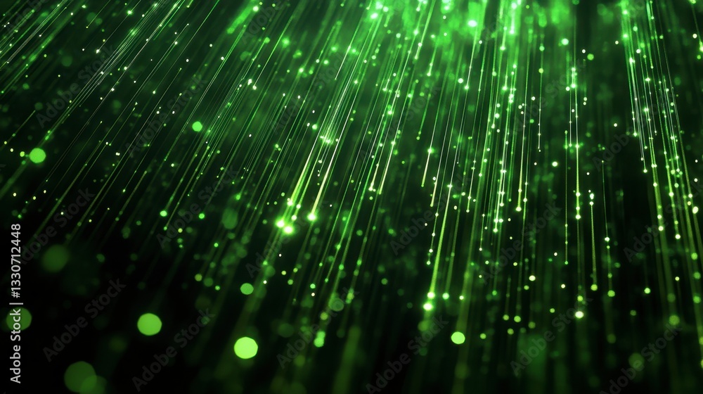 Poster luminous green vertical lines with sparkling particles in motion