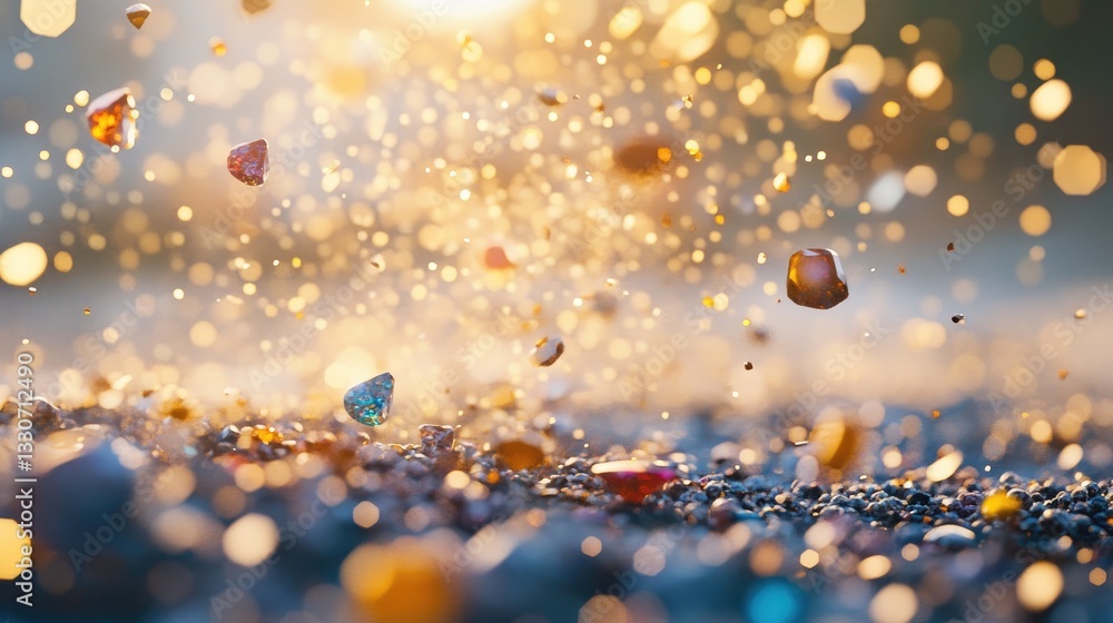 Poster close-up view of colorful crystals and sparkles in shimmering dust with sunlight background