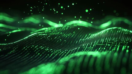 Abstract Digital Waves with Glowing Green Particles in Motion