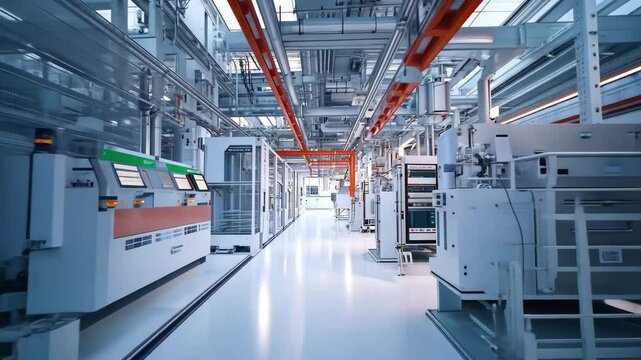 High-tech smart factory interior featuring communication networks and automated systems, Smart factory concept Communication network INDUSTRY40
