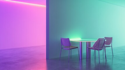 Neon-lit minimalist cafe interior; round table, chairs;  website background