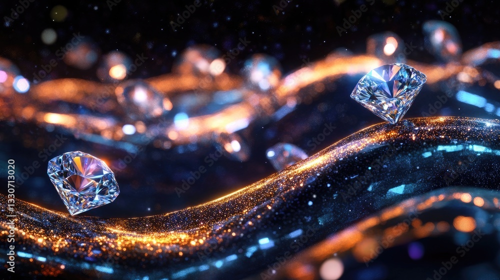 Poster shimmering diamonds on a wave of light and sparkle surrounded by an enchanting ethereal background