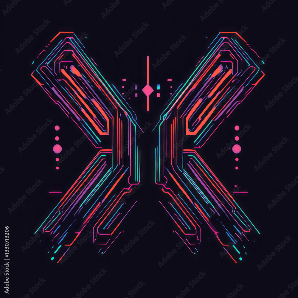 Poster neon butterfly with circuit patterns in futuristic abstract digital design