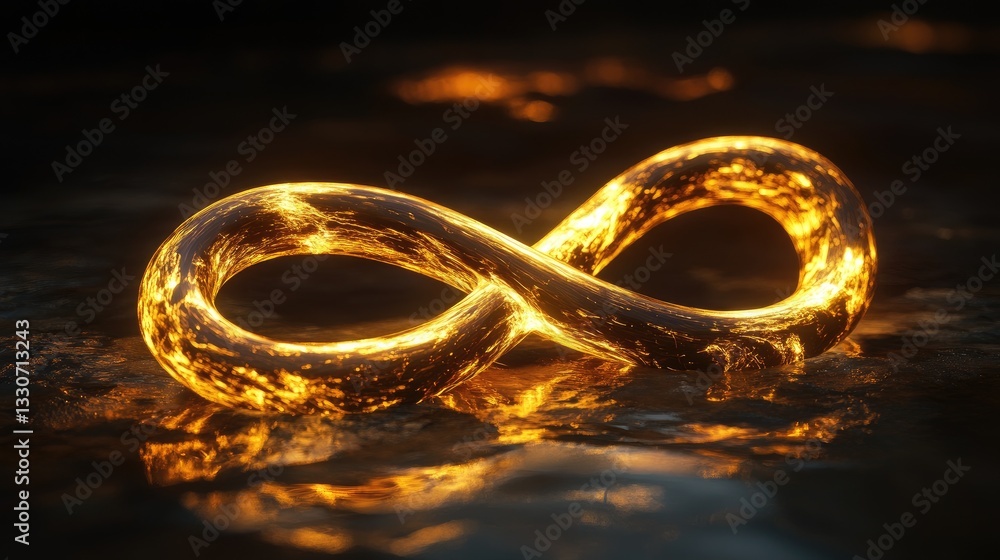 Poster Golden Infinity Symbol Floating on Water Surface Reflecting Light and Creating Beautiful Patterns for Abstract Concepts