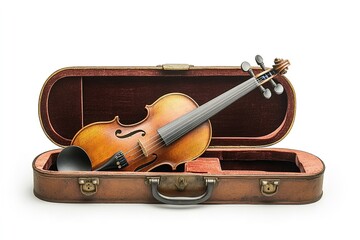 Fototapeta premium Studio Shot of a Violin Displayed in an Open Case Against a White Backdrop