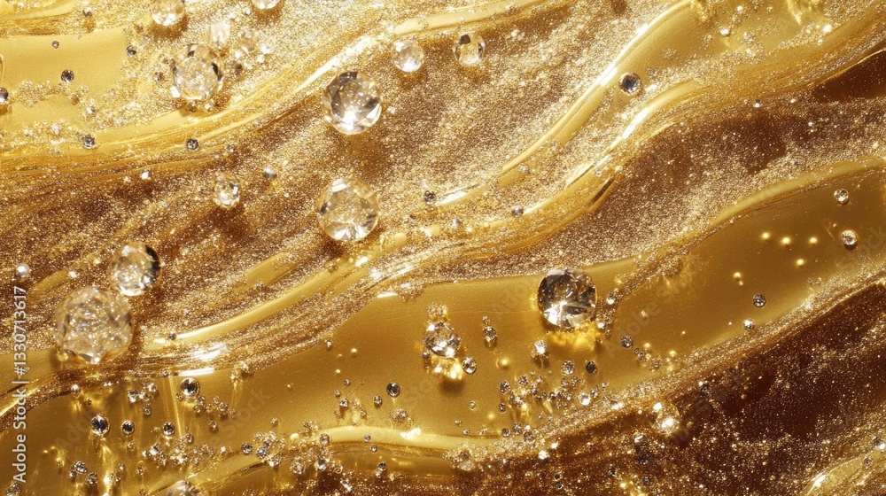 Poster shimmering golden fluid with bubbles and textured waves in abstract background