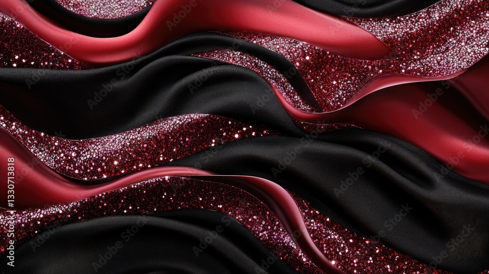 Poster rich textured fabric with wavy red and black patterns enhanced by sparkling glitter effect