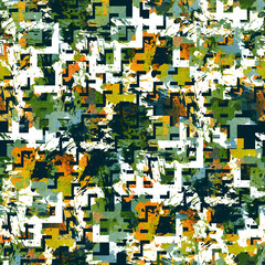 Urban camo glitch pattern. Seamless, abstract design with camouflage and glitch effects. Perfect for fabric, prints, & more.