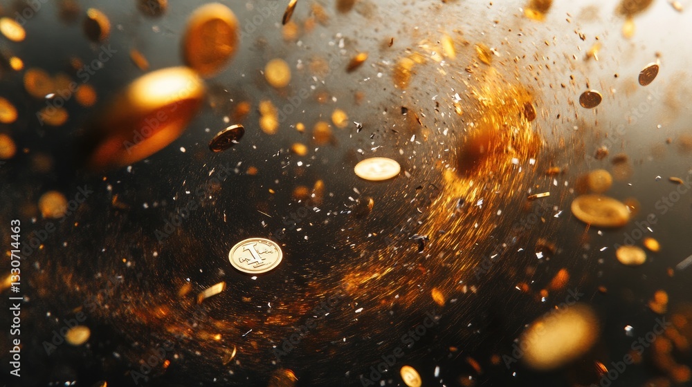 Aufkleber dynamic swirling gold coins creating a magical spiraling effect on a dark background