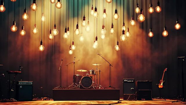 Creative stage setup featuring bulb lights and musical instruments for an intimate concert atmosphere, bulb light music stage