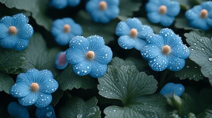 Dew Kissed Blue Flowers Amidst Lush Green Foliage